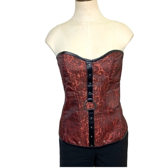 RED Black Corset Top Tapestry Faux Leather Lace up Bustier L/XL Romantic Goth - Picture 3 of 11